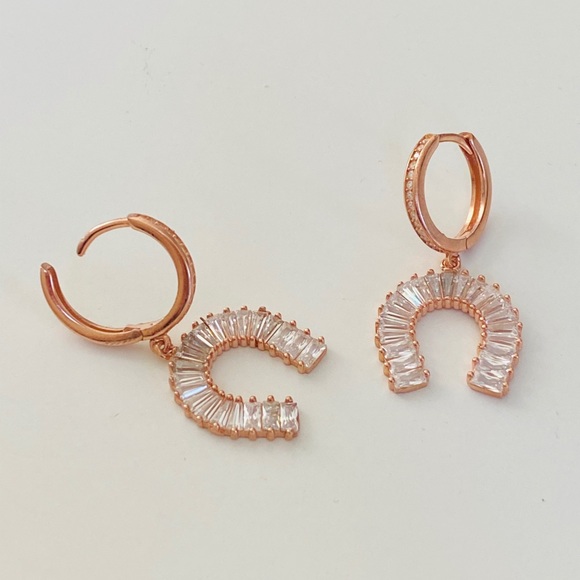 Other - 925 Silver horseshoe earrings dangling crescent 14k rose gold plated